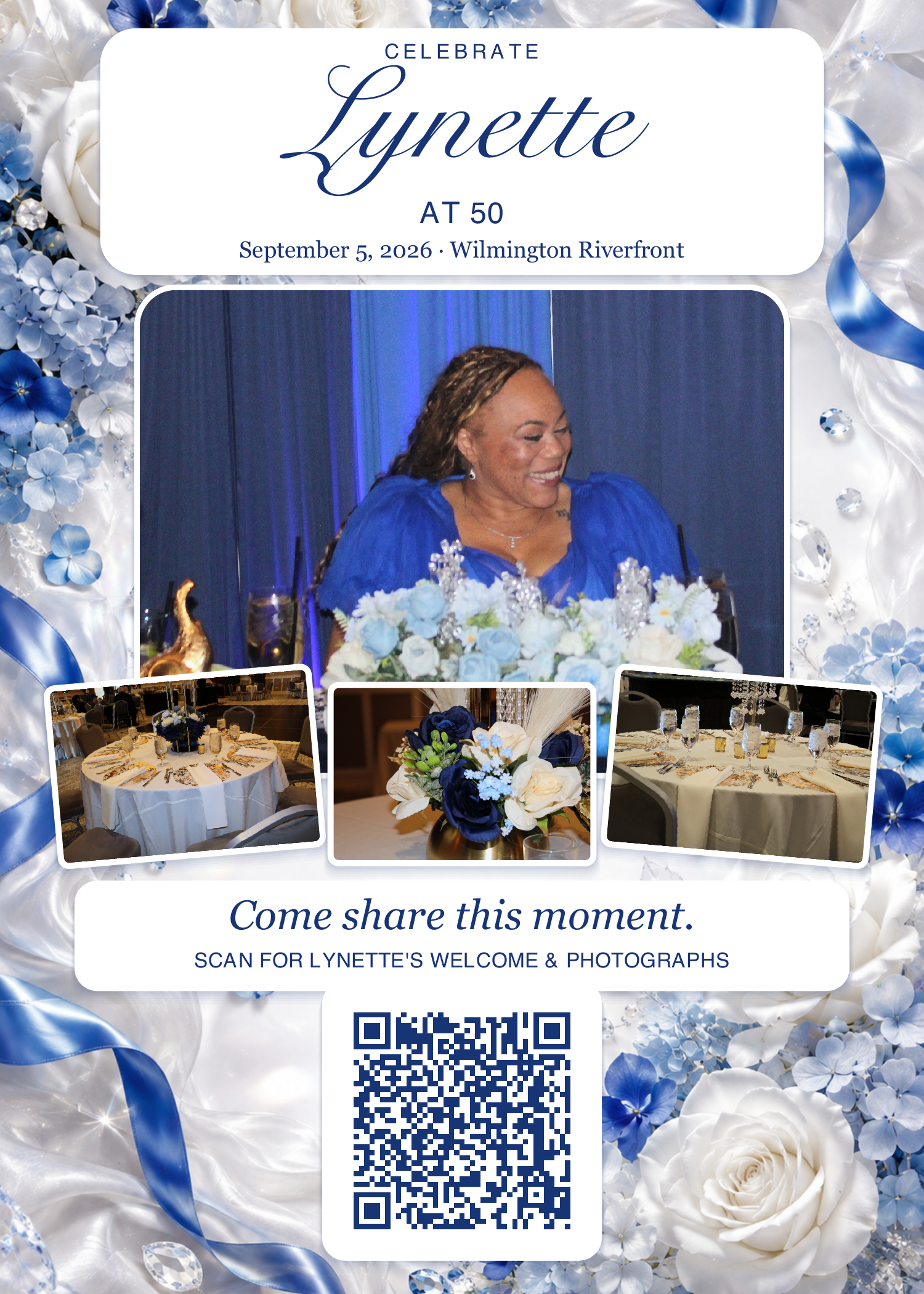 Lynette’s blue and white celebration card with a QR code linking to her welcome website